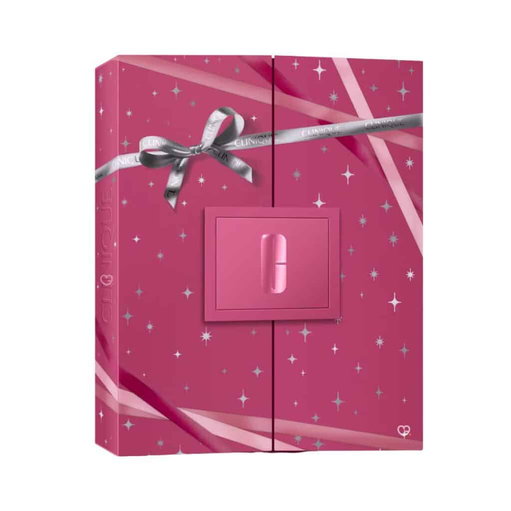 Clinique Adventskalender 2026, geschlossene pinke Box mit Schleife