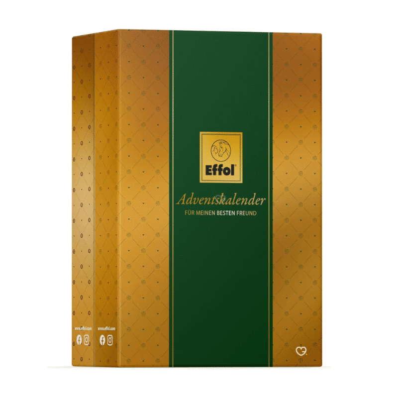 Effol Adventskalender 2025 mit 24 Pflegeprodukten von Effol, effax und HEY für Pferd und Reiter in festlicher Box.