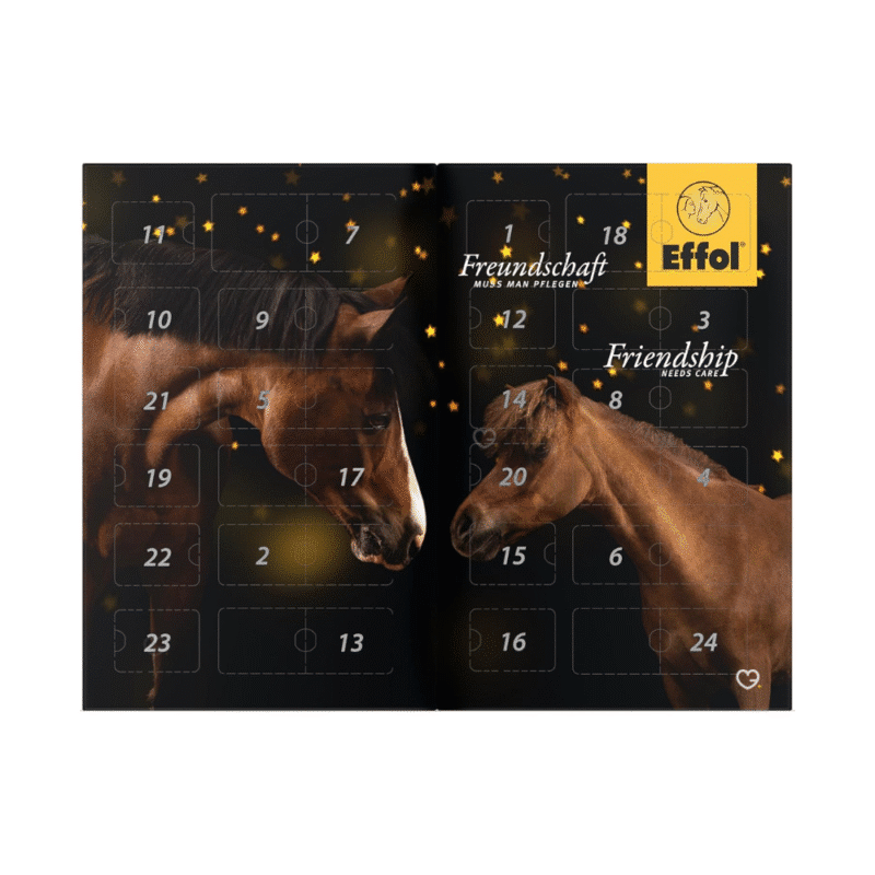 Effol Adventskalender 2025 mit 24 Pflegeprodukten von Effol, effax und HEY für Pferd und Reiter in festlicher Box.