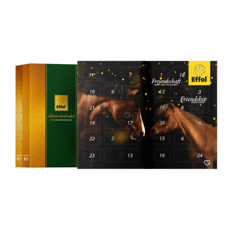 Effol Adventskalender 2025 mit 24 Pflegeprodukten von Effol, effax und HEY für Pferd und Reiter in festlicher Box.