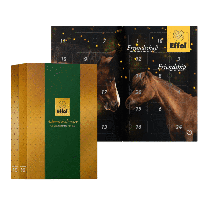 Effol Adventskalender 2025 mit 24 Pflegeprodukten von Effol, effax und HEY für Pferd und Reiter in festlicher Box.