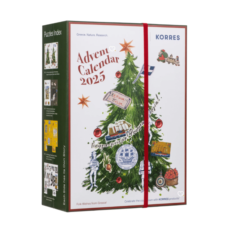 Korres Adventskalender 2025 mit 24 Naturkosmetik-Minis für Gesicht, Körper und Haar in eleganter, festlicher Box.