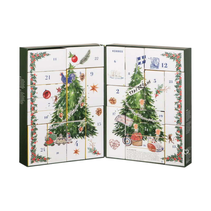 Korres Adventskalender 2025 mit 24 Naturkosmetik-Minis für Gesicht, Körper und Haar in eleganter, festlicher Box.