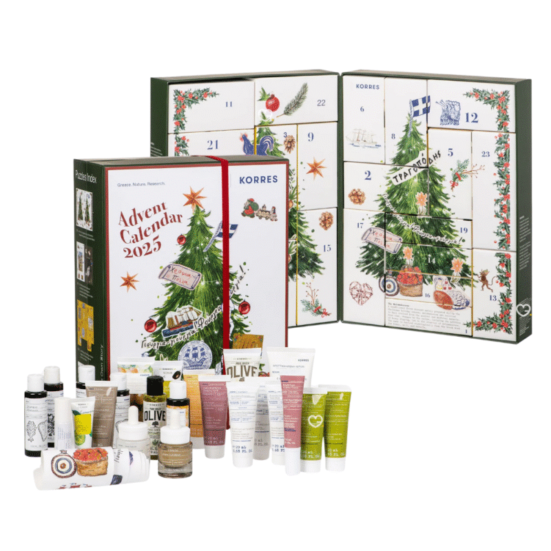 Korres Adventskalender 2025 mit 24 Naturkosmetik-Minis für Gesicht, Körper und Haar in eleganter, festlicher Box.
