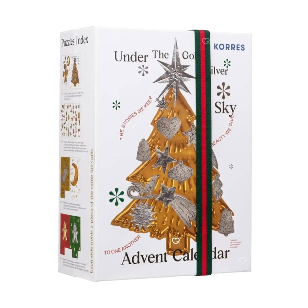 Korres Adventskalender 2026, geschlossene Box mit goldenem Weihnachtsbaum-Motiv