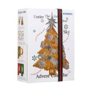 Korres Adventskalender 2026, geschlossene Box mit goldenem Weihnachtsbaum-Motiv