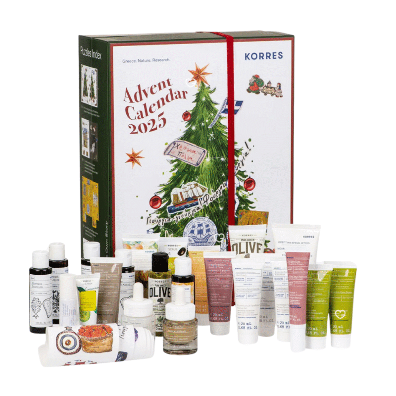 Korres Adventskalender 2025 mit 24 Naturkosmetik-Minis für Gesicht, Körper und Haar in eleganter, festlicher Box.