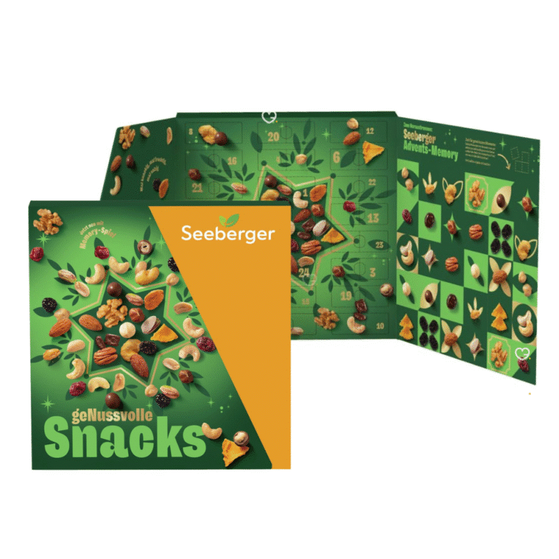 Seeberger Adventskalender 2025 mit 24 Gourmet-Nuss- und Snack-Spezialitäten in edler, festlicher Geschenkbox.