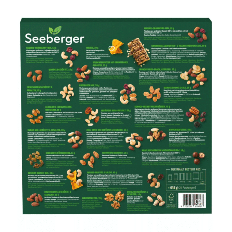 Seeberger Adventskalender 2025 mit 24 Gourmet-Nuss- und Snack-Spezialitäten in edler, festlicher Geschenkbox.