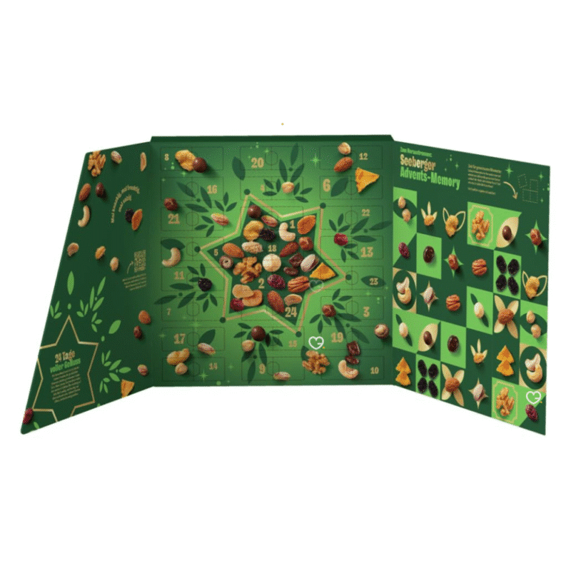 Seeberger Adventskalender 2025 mit 24 Gourmet-Nuss- und Snack-Spezialitäten in edler, festlicher Geschenkbox.