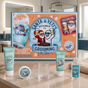 Accentra Men Style Adventskalender 2026 im Badezimmer mit Pflegeprodukten und Bierkrug