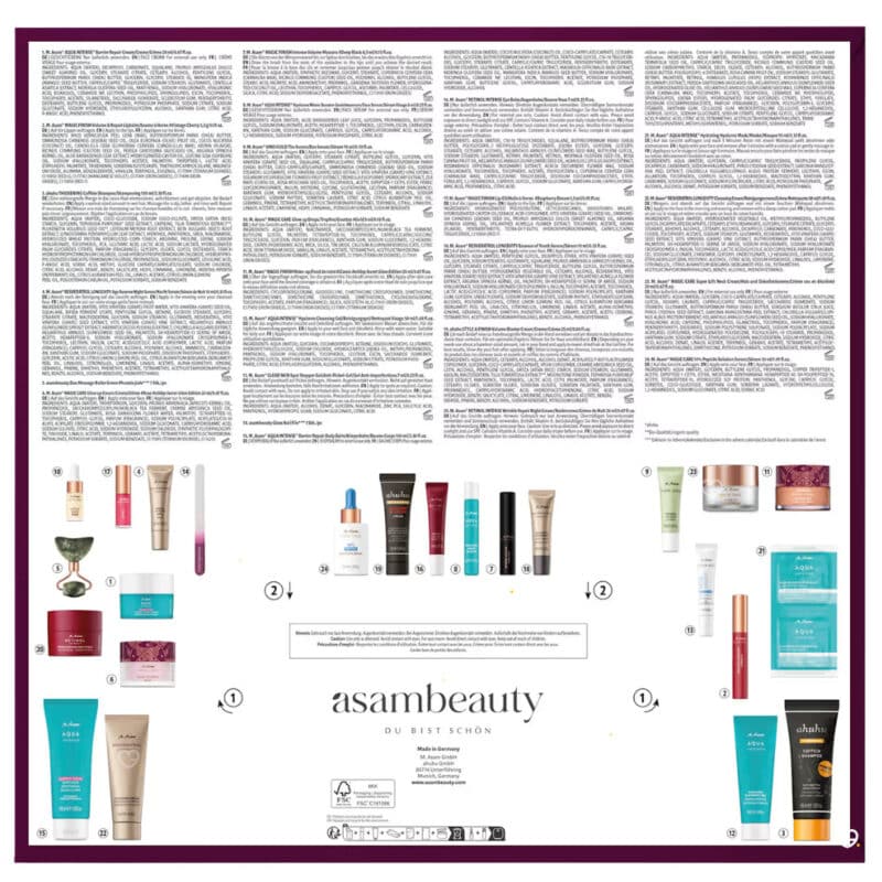 Rueckseite der asambeauty Box mit Produktliste des Adventskalenders 2026