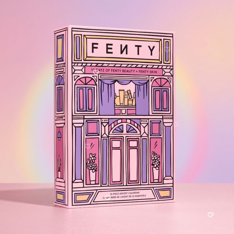Fenty Beauty Adventskalender 2026, Box vor Regenbogen-Hintergrund