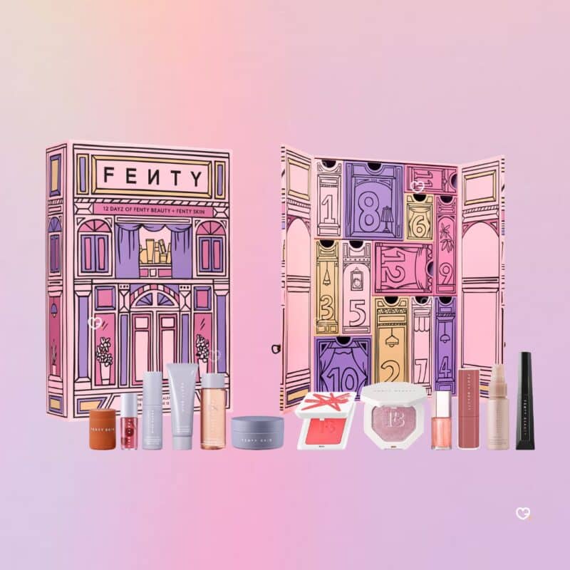 Fenty Beauty Adventskalender 2026, geoeffnete Box mit den zwoelf Produkten