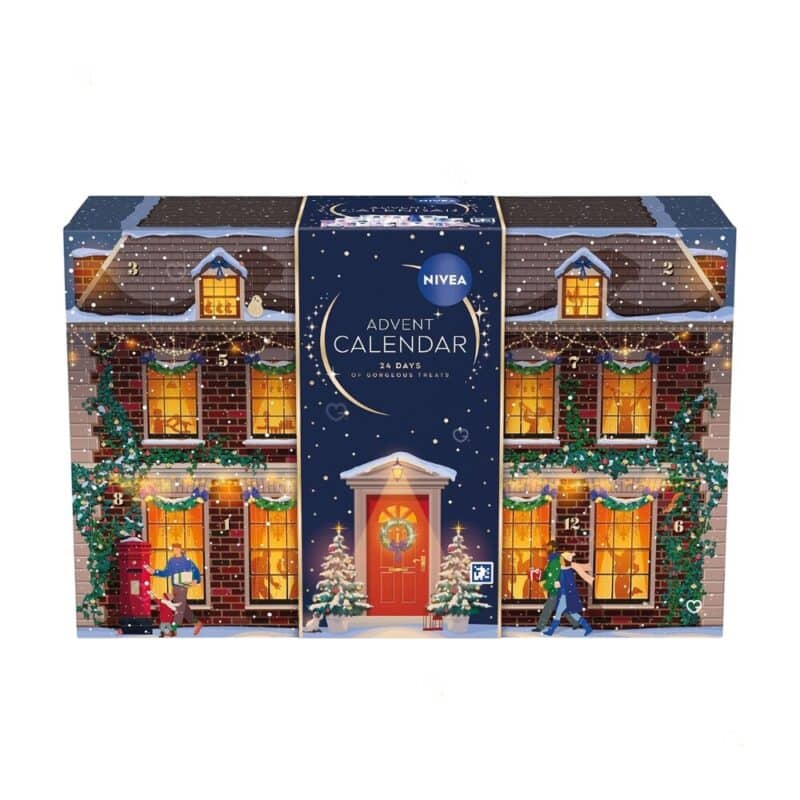 NIVEA Adventskalender 2026 geschlossene Box im winterlichen Haus-Design mit 24 Türchen