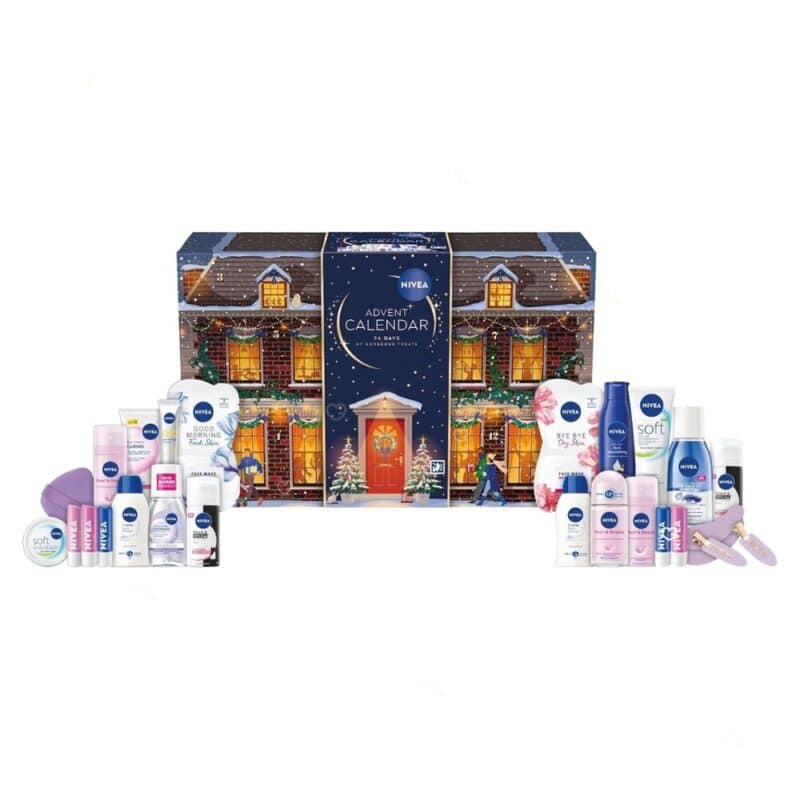 NIVEA Adventskalender 2026 alle Produkte ausgebreitet, Gesichts-, Körper- und Lippenpflege