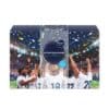 NIVEA MEN Adventskalender 2026 geschlossene Box im dunkelblauen Fußball-Stadiondesign mit Konfetti