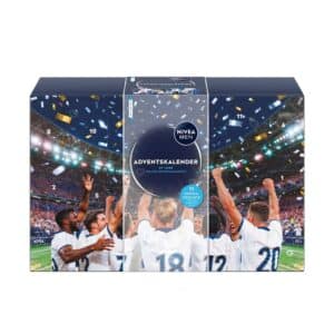NIVEA MEN Adventskalender 2026 geschlossene Box im dunkelblauen Fußball-Stadiondesign mit Konfetti