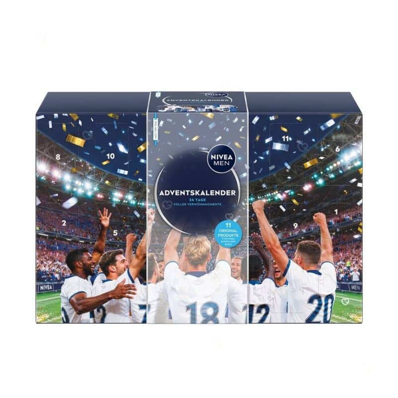 NIVEA MEN Adventskalender 2026 geschlossene Box im dunkelblauen Fußball-Stadiondesign mit Konfetti