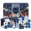 NIVEA MEN Adventskalender 2026 geöffnete Box mit Pflegeprodukten und Extras auf Weiß