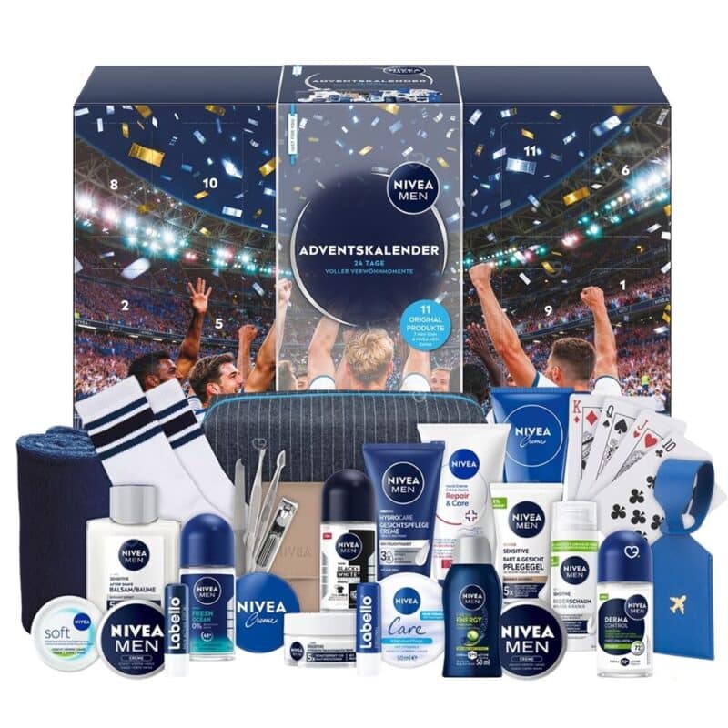 NIVEA MEN Adventskalender 2026 geöffnete Box mit Pflegeprodukten und Extras auf Weiß