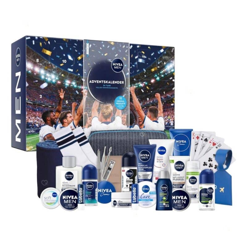 NIVEA MEN Adventskalender 2026 Box von der Seite mit MEN-Schriftzug und ausgebreitetem Inhalt