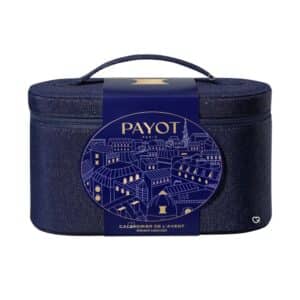 Payot Adventskalender 2026, wiederverwendbare Denim-Kulturtasche mit goldenem Pariser Dach-Aufdruck, Vorderansicht auf weißem Hintergrund