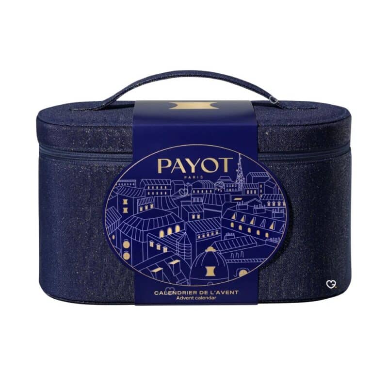Payot Adventskalender 2026, wiederverwendbare Denim-Kulturtasche mit goldenem Pariser Dach-Aufdruck, Vorderansicht auf weißem Hintergrund