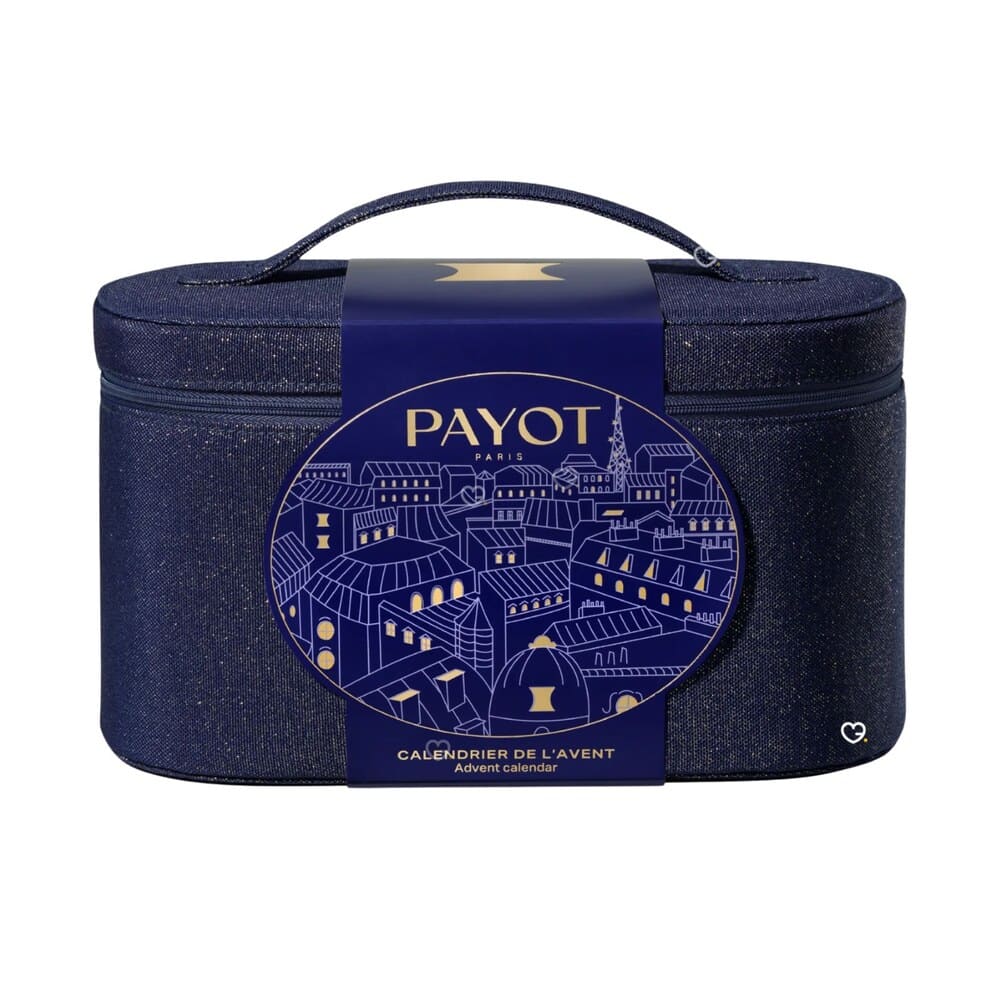 Payot Adventskalender 2026, wiederverwendbare Denim-Kulturtasche mit goldenem Pariser Dach-Aufdruck, Vorderansicht auf weißem Hintergrund
