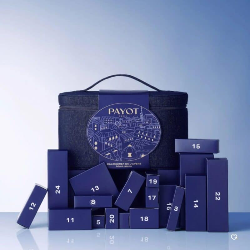 Payot Adventskalender 2026, geöffnete nummerierte Türchen 1 bis 24 mit Pflegeprodukten