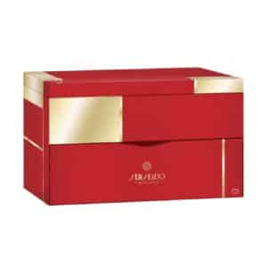 Shiseido Adventskalender 2026 GINZA WONDER, geschlossene rot-goldene Box mit zwei Schubladen vor weissem Hintergrund