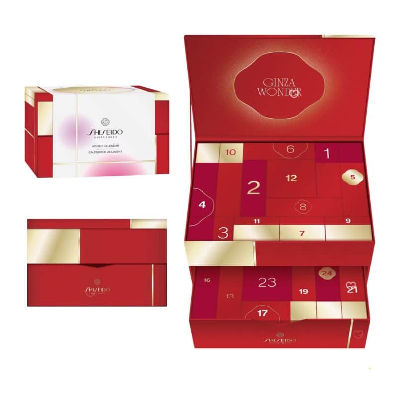 Shiseido Pflege-Adventskalender 2026 mit aufgeklappter GINZA-WONDER-Box und sichtbaren Tuerchen
