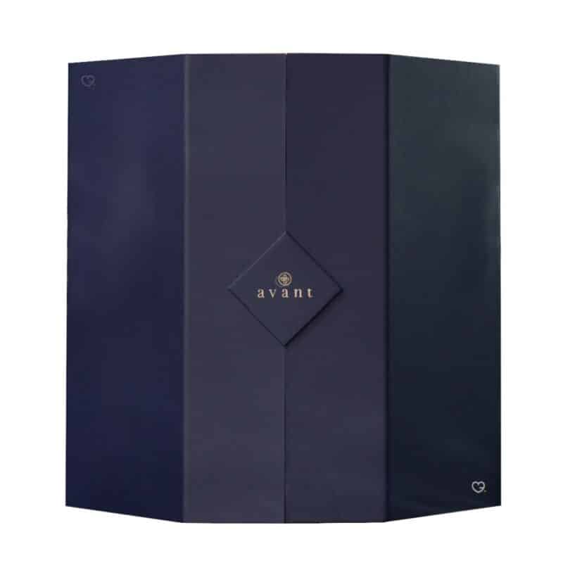 Avant Skincare Odyssey Adventskalender 2026 geschlossen, marineblaue Box mit goldenem Logo