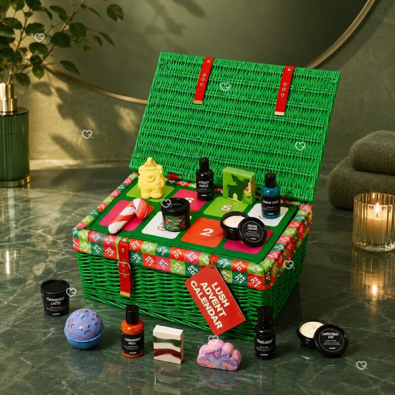 Ausziehbares Plateau des Lush Adventskalender 2026 mit veganen Beauty-Produkten in Szene gesetzt