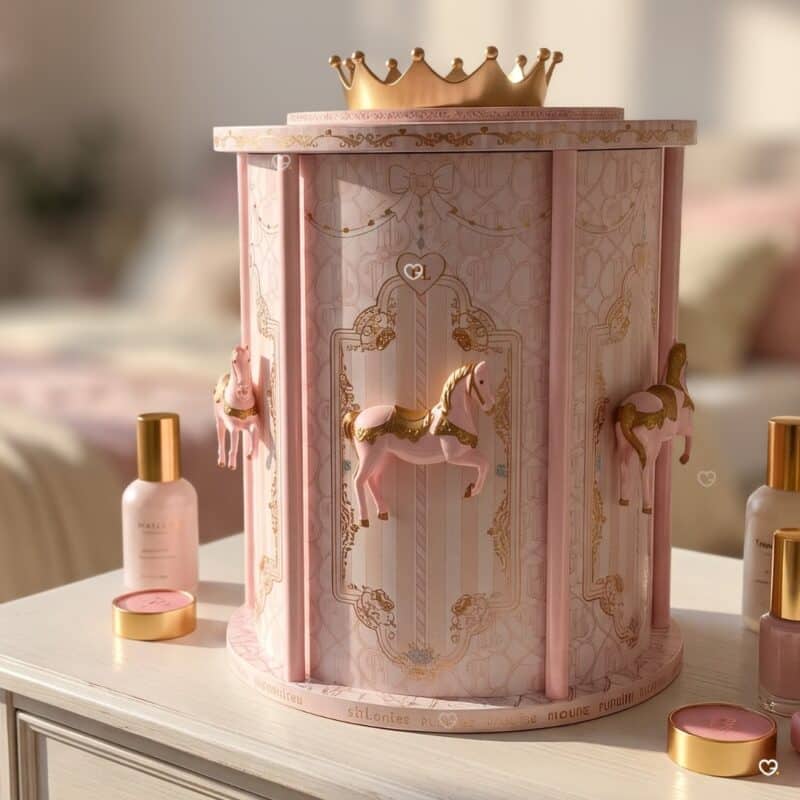 Plouise Make-up-Adventskalender 2026 auf Kommode mit Beauty-Flacons