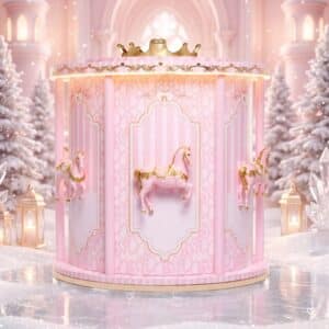 Plouise Make-up-Adventskalender 2026, Karussell beleuchtet in weihnachtlichem Schneeszenario