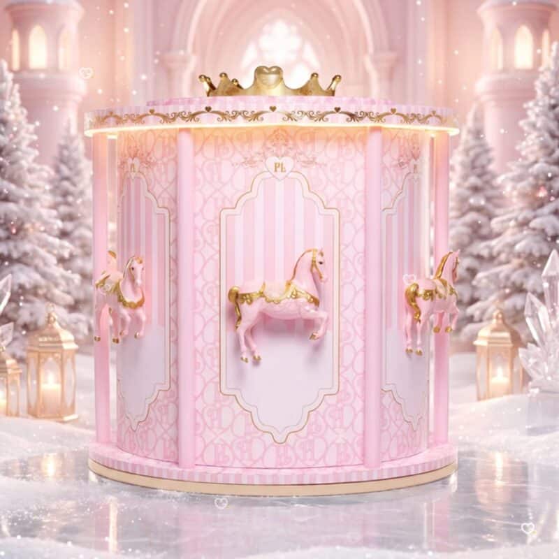 Plouise Make-up-Adventskalender 2026, Karussell beleuchtet in weihnachtlichem Schneeszenario