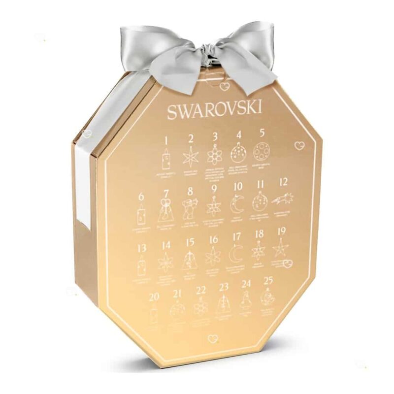 Frontansicht des Swarovski Adventskalenders 2026 mit den 25 nummerierten Tuerchen in Champagnergold