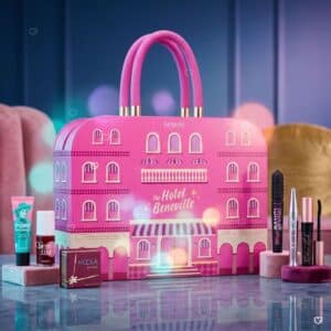 Benefit Adventskalender 2026 mit Full-Size-Produkten wie BADgal BANG und Benetint in glamouröser Inszenierung