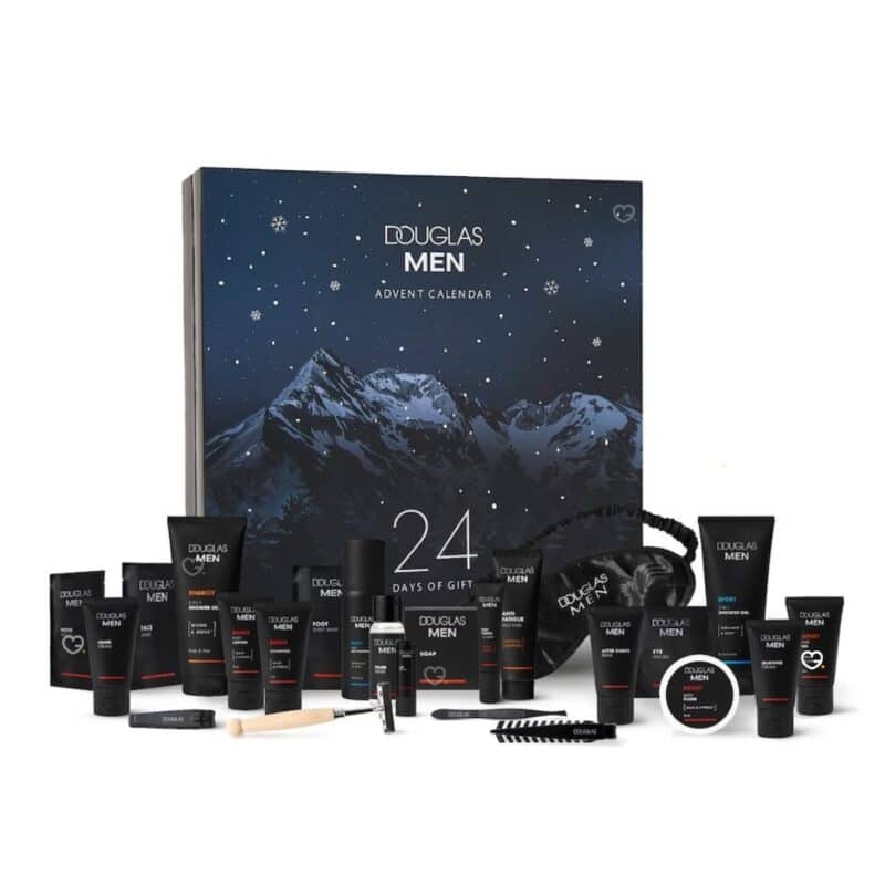 Douglas Männer Adventskalender 2026, alle 24 Produkte auf weißem Hintergrund