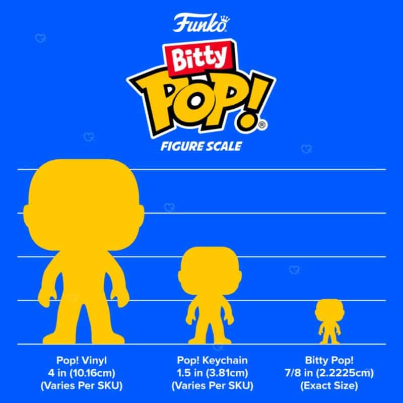 Funko Bitty POP! Größenvergleich: 2,3 cm Minifigur neben POP! und Pocket POP!