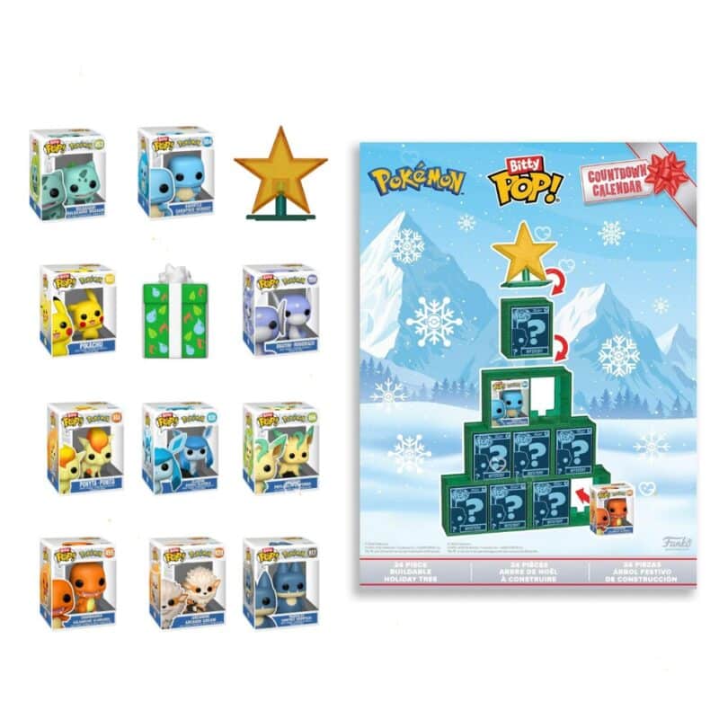 Inhalt des Funko Bitty POP! Pokémon Adventskalenders: 10 Sammelfiguren und Weihnachtsbaum
