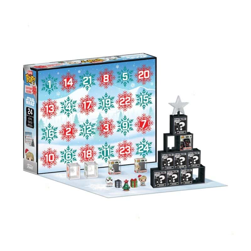Geöffnete Türchen des Funko Star Wars Adventskalenders mit dem Weihnachtsbaum-Aufbau aus stapelbaren Elementen