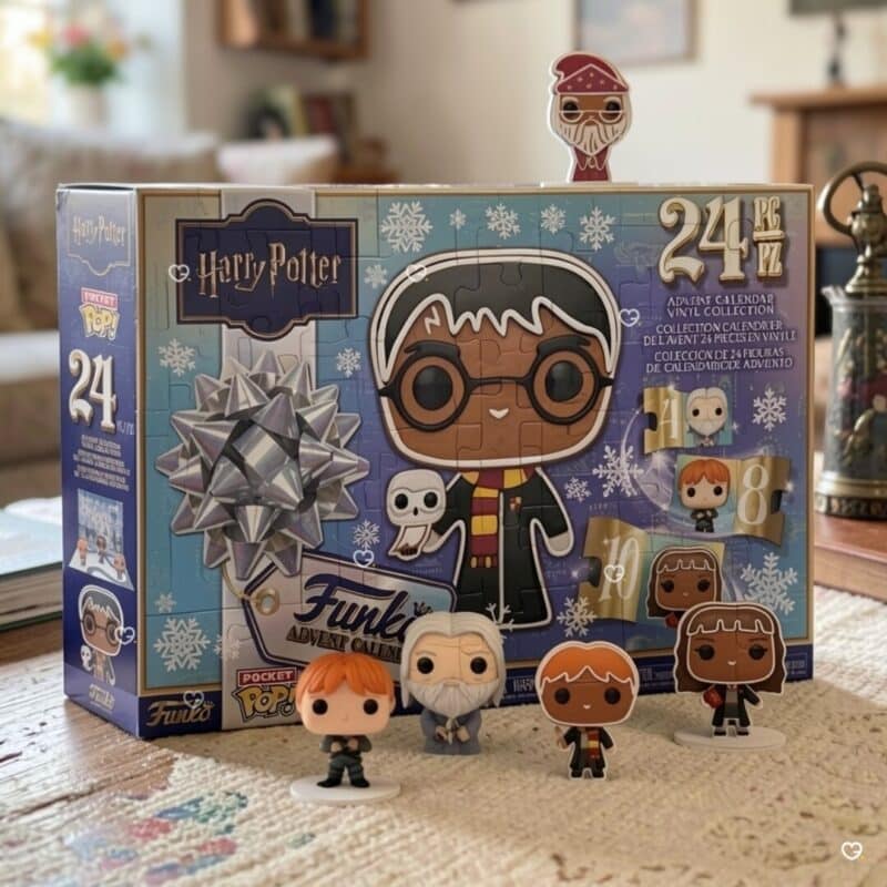 Funko Pocket POP Harry Potter Adventskalender 2026 mit Ron Weasley, Albus Dumbledore, Harry Potter und Hermine Granger vor der Verpackung