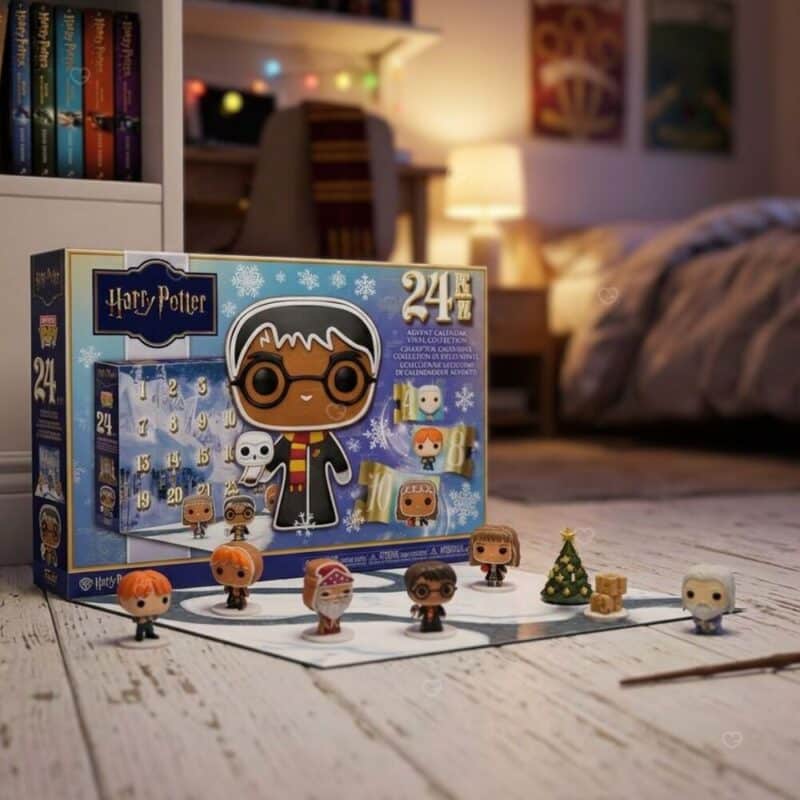 Funko Pocket POP Harry Potter Adventskalender 2026 in festlichem Kinderzimmer mit Harry-Potter-Büchern und Vinyl-Minifiguren