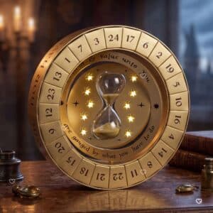 Beleuchteter Time Turner Adventskalender in Hogwarts-Atmosphäre mit Kerzen und Büchern