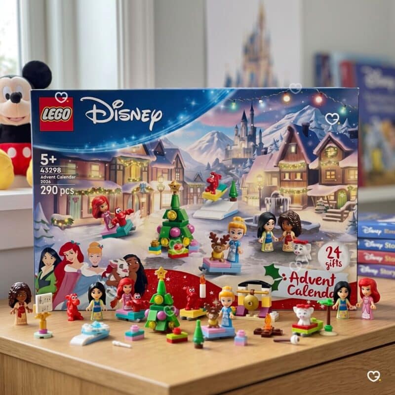 Lego Disney Adventskalender 2026 aufgebaut mit den Mikro-Puppen Arielle, Cinderella, Vaiana und Mulan