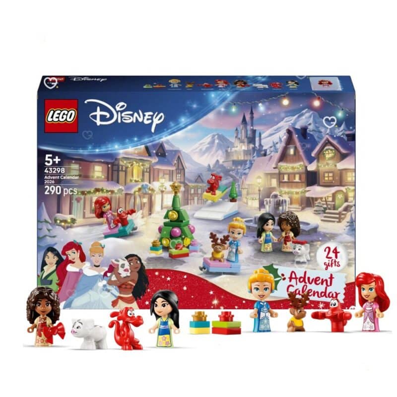 Die vier Disney-Prinzessinnen und ihre Tierfiguren vor der Verpackung des Lego Disney Adventskalenders 2026
