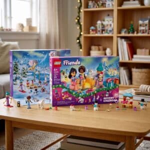 LEGO Friends Adventskalender 42698 und City 60510 im Wohnzimmer, Spielzeug-Adventskalender 2026 im Vergleich