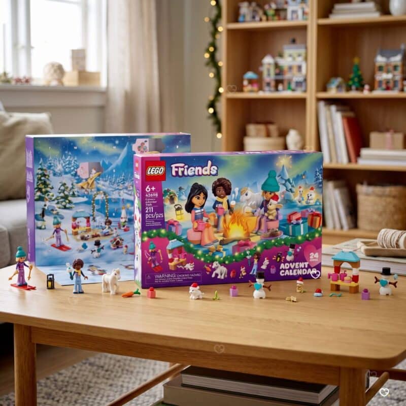 LEGO Friends Adventskalender 42698 und City 60510 im Wohnzimmer, Spielzeug-Adventskalender 2026 im Vergleich